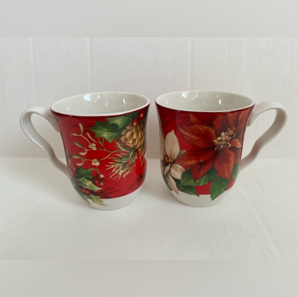 222 Fifth Poinsettia Holly Fine Porcelain Holiday Mugs – Set of 2